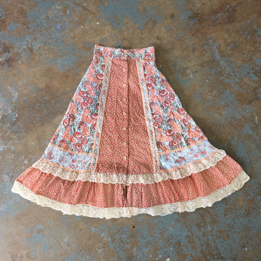 Homespun Prairie Midi Skirt Size 7 XS Homespinners Pink Floral Lace Button Front
